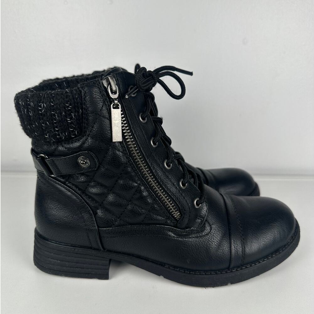 STQ Womens Lace-Up Zip Faux Leather Quilted Fall Knit Cuff Ankle Booties Black 7